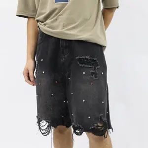 Men's Rhinestone Straight-Leg Ripped Jeans Daily Casual Solid Color Versatile Loose Wide-Leg Street Style Dance Washed Vintage Y2K Jeans