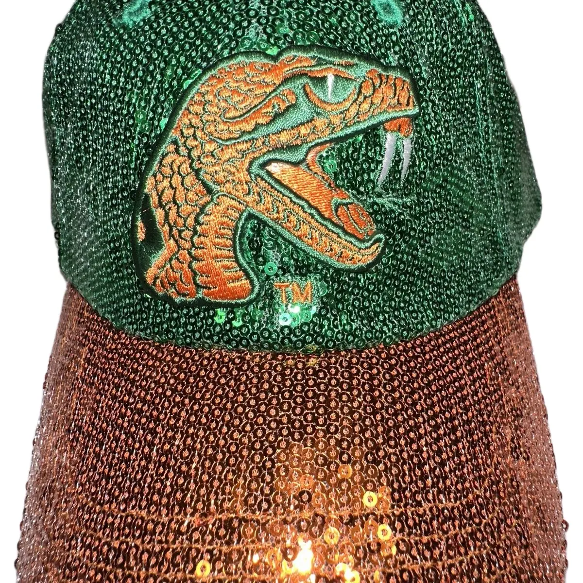 FAMU Sequined Ball Cap with Green and Brown Color Block Design and Unique Sequin Pattern