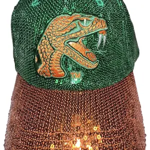 FAMU Sequined Ball Cap with Green and Brown Color Block Design and Unique Sequin Pattern