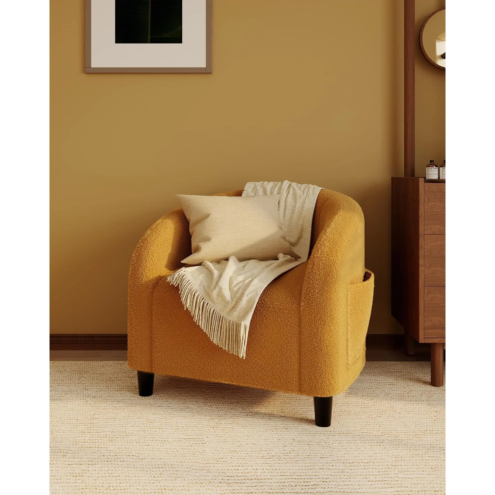 Garvee Ergonomic Modern Boucle Fabric Upholstered Accent Armchair - Round Enveloping Backrest, Padded Armrests, Sturdy Plastic Legs, 13 kg Lightweight Design, Durable, Assembly Required - Living Room, Bedroom Use