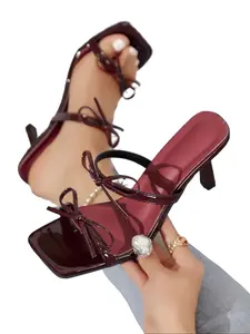 Burgundy Bowknot Open Toe Sandals,Elegant, comfortable women's sandals featuring cute bowknots and flattering open toe. Easy to wear and super stylish. Ideal for both daily commutes and party nights!