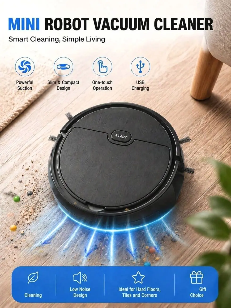 Smart Robot Vacuum Cleaner, USB Rechargeable Automatic Sweeping and Mopping Machine for Pet Hair, Hard Floors, and Daily Cleaning
