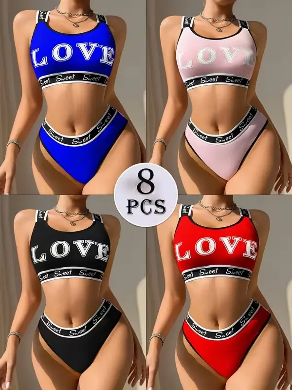 8PCS Women's Bra and Panty Set, Cross Back Push Up Bra with Matching Low Rise Briefs, Soft Breathable Quick Dry Everyday Lingerie Set