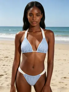 Blue White Vertical Striped Triangle Bikini, Scallop Trim Two Piece Swimsuit, All-Season & Summer Beach Vacation Swimwear