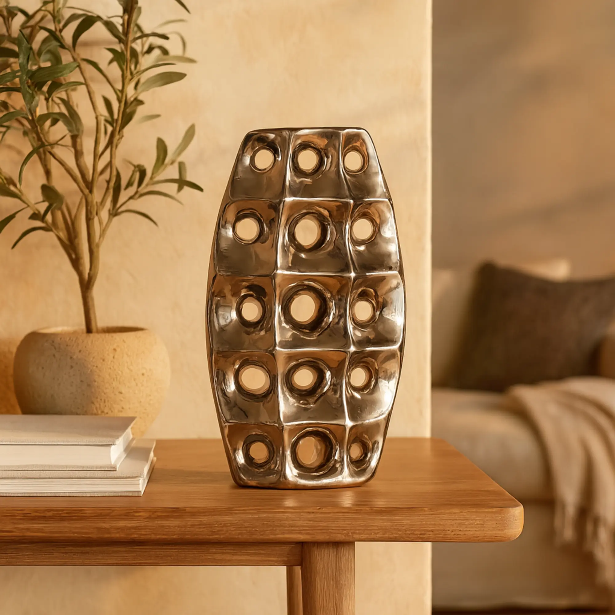 Glossy Silver Ceramic Vase with Geometric Cut-Out Designs, Modern Home Decor Centerpiece for Table Decoration, Felt