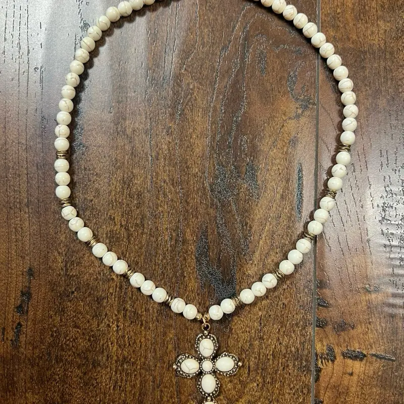 Western White Beaded Antique Gold Tone Cross Pendant Necklace