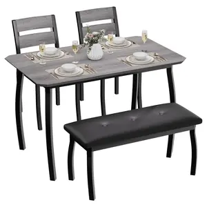 【Garvee】 4-piece kitchen table set, dining table with 2 chairs & padded benches for small spaces, rectangular metal and wood dining table for 4, ideal for dining room & apartment, gray