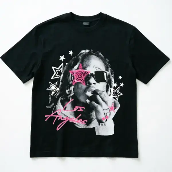 Retro LA Hip Hop Rapper Portrait Pink Star Swirl Print Short Sleeve T-Shirt 100% Cotton Breathable Rap Music Fan Birthday Gift Unisex Casual Top TikTokMadeMeBuyIt