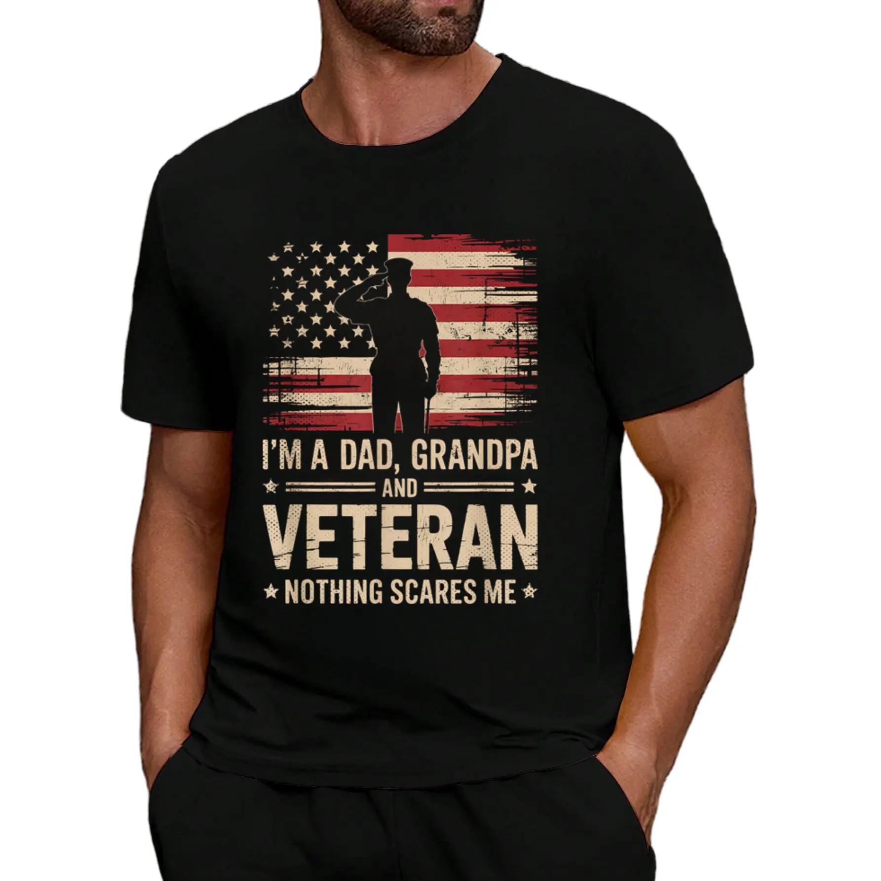 Men's Veteran Dad Grandpa Graphic T-Shirt - "I'm a Dad, Grandpa, and Veteran; Nothing Scares Me" Print