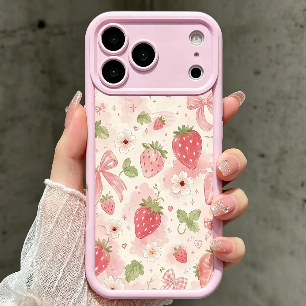Cute Strawberry Daisy Ribbon TPU Soft Phone Case For iPhone 17 Air, 16E, 15 Pro Max, 14Plus, 13, 12 Mini, 11, X/XS - Fashion Floral Pattern, Camera Protection, Durable Phone Cover, Trendy Friend Gift