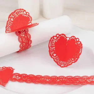 12 Pack Red Shimmery Laser Cut Heart Paper Napkin Rings with Lace Pattern, Disposable Napkin Holders Bands