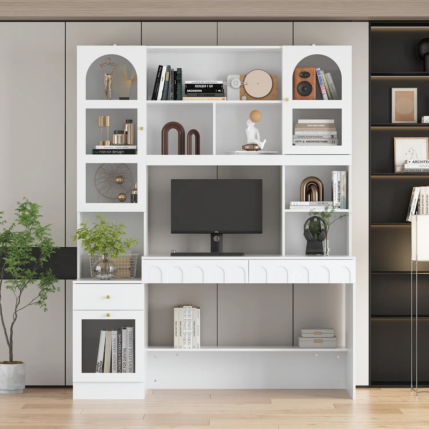 FUFU&GAGA Computer Desk with Hutch, 79.1 Inch Tall Bookshelf Combo, Modern White Home Office Desk with Open Storage Cubbies, Drawers & Glass Cabinet for Study Workstation