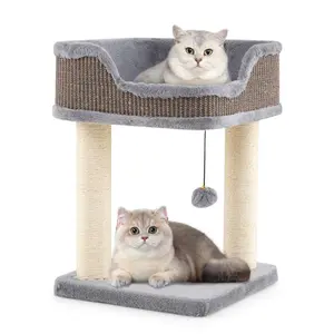 2-Level Cat Furniture - Engaging Bell + Pompom Toys, Sisal + Plush + Engineered Wood Build, Ideal for Tight Spaces