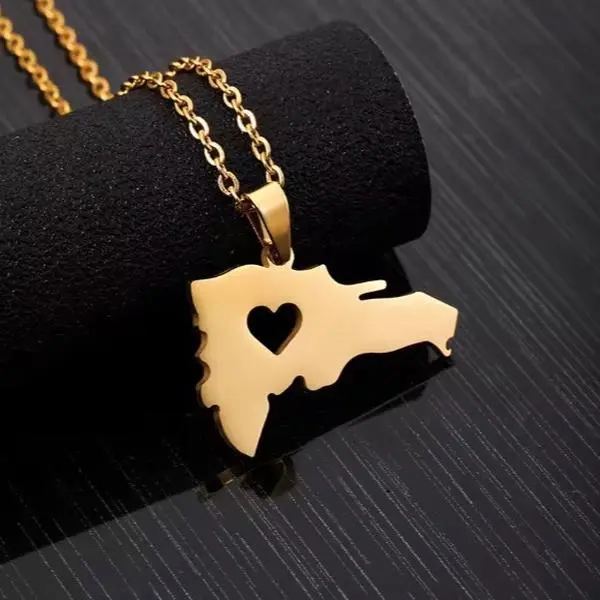 Gold Plated Stainless Steel Dominican Republic Map Pendant Necklace with a Heart Cut Out