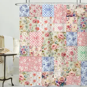 Cottagecore Patchwork Floral Shower Curtain Vintage Flower Bathroom Curtain Farmhouse Rustic Bathroom Decor Waterproof Bath Curtain
