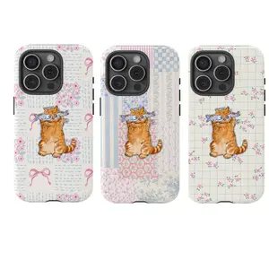 Cartoon Cat Tough Phone Case – Cute Floral Pattern Protective Phone Cover, Gift for fans, Cat Fish Phone Cover, stripe, checkerboard background