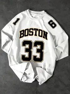 Men's Loose Round Neck T-Shirt, Boston 33 College Style Number Print, Vintage Basketball Style, Breathable Cotton Fabric