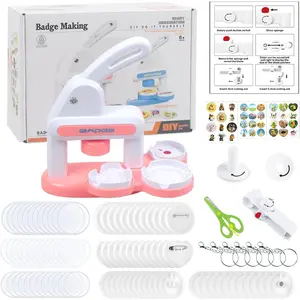 Badge Maker Machine with 3 Pins,Button Maker Artist DIY Pin Maker Press Machine Badge Kit with 86 pcs Button Parts Circle Present Installation-Free,Pink