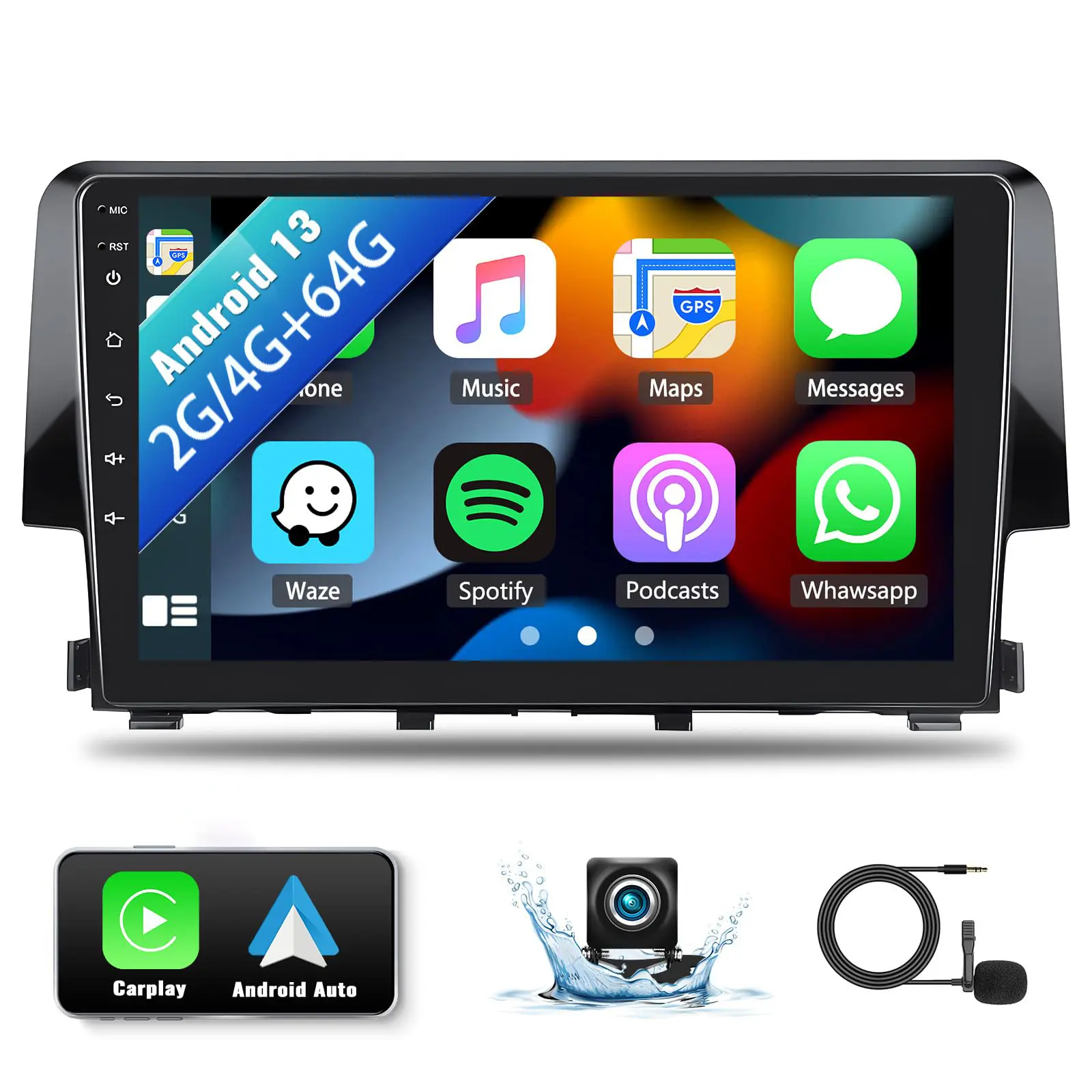 9-Inch Front Android Car Audio Radio for Honda Civic 2016-2020, Plug-and-Play Vehicle Entertainment System with CarPlay, Android Auto, 2G/4G+64G, GPS Navigation, HiFi FM, Factory Backup Camera, MIC