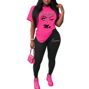 Women's Sports Outfit Set, Plus Size Abstract Figure Print Short Sleeve T-shirt Top & Medium Stretch Comfy Pants Fitness Outfit