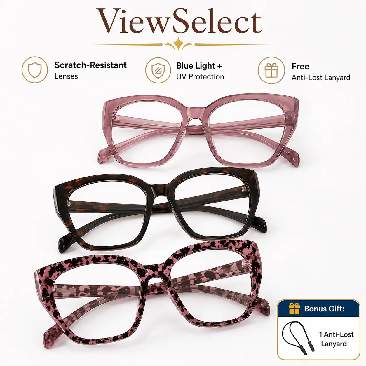 ViewSelect Non-Prescription Oversized Progressive Multifocal Reading Glasses - Lightweight Square Frame, HD Clear Lenses for Men & Women, Daily Reading, Screen Use