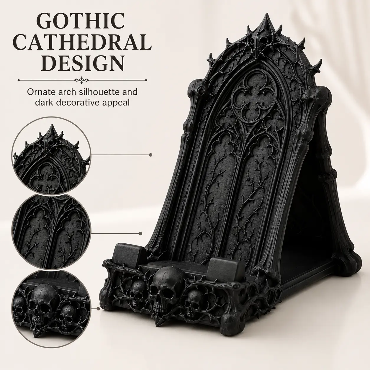 Halloween Decor Gothic Skull Phone Stand, Dark Gothic Desktop Cell Phone Holder with Skull and Thorn Details, Black Decorative Desktop Phone Mount for Desk, Nightstand, Shelf, Home & Office Decor, Gift for Gothic Lovers