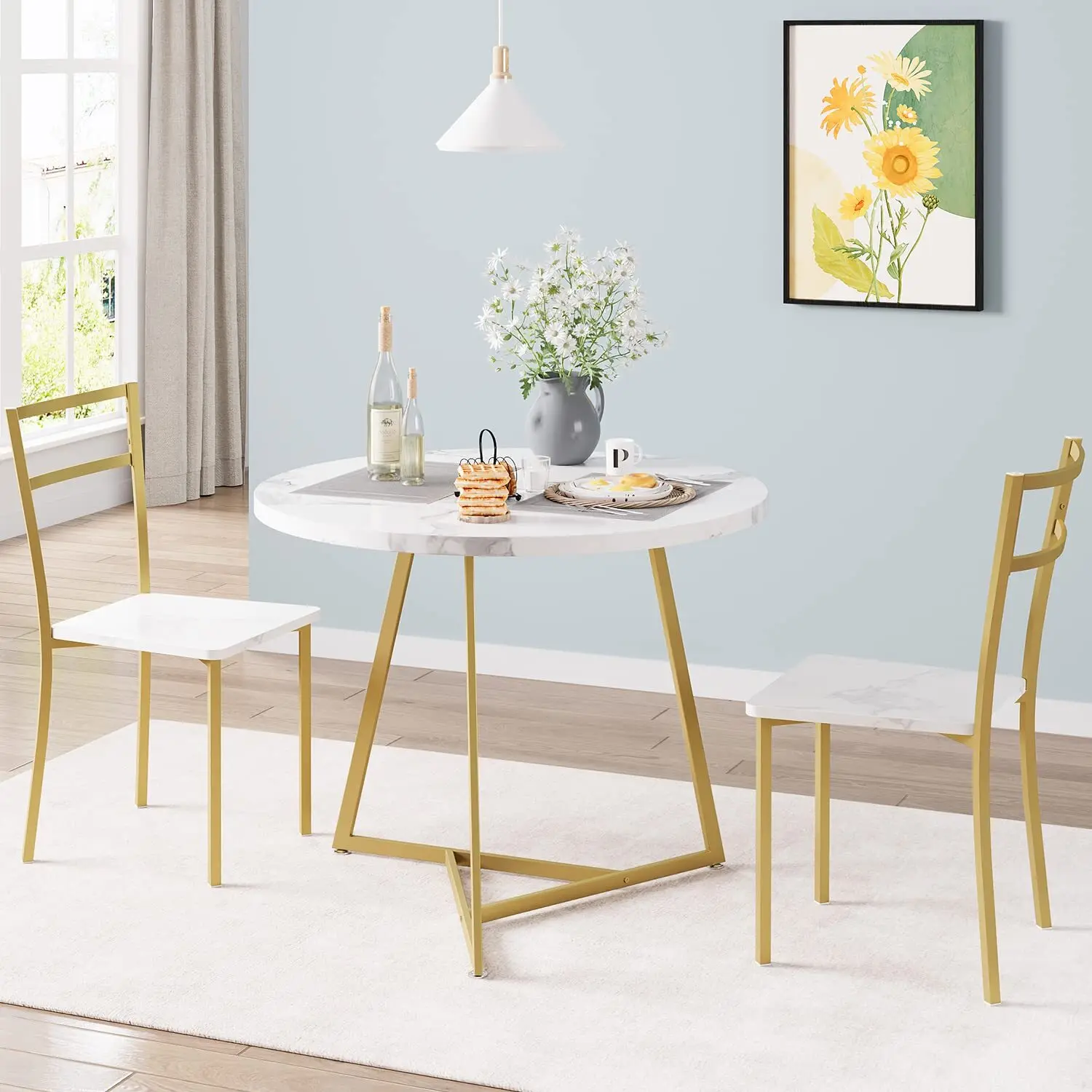 Round Modern Dining Table Set for 2 with Metal & Wood Chairs - Space-Saving Kitchen Table for Small Spaces, Apartments - Marble White and Gold Finish