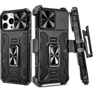 Case for iPhone 16 Pro Max, Slide Camera Cover & Belt Clip Holster & 360°Rotatable Ring Kickstand Military Grade Heavy Duty Protection Case for iPhone 16 ProMax 2024 5G 6.9 Inch - Black