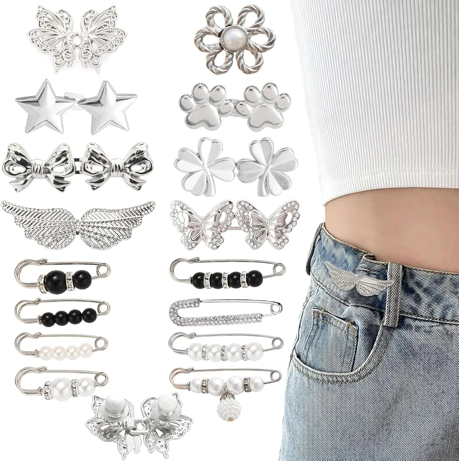 Pant Waist Tighteners with Detachable Buckle - Adjustable Buttons, 8-Style Silvery Metal Pins, Reusable Butterfly Rhinestone Brooch for Loose Jeans, No Sewing or Tools Required, Ideal for DIY Crafts, Denim Skirt Fit Fix