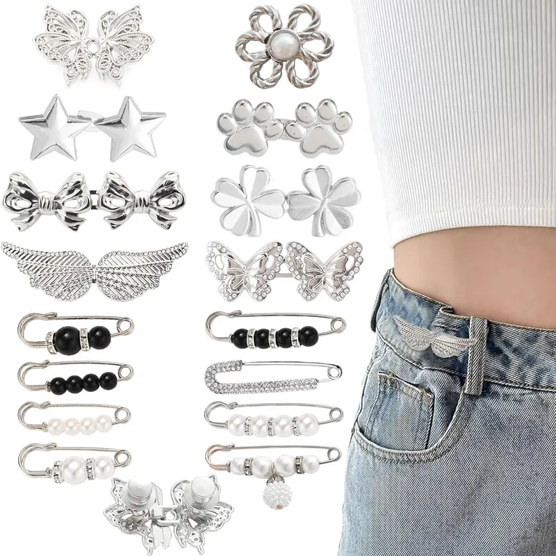 Pant Waist Tighteners with Detachable Buckle Design - 8 Different Styles Silvery Metal Pins, Adjustable Buttons, Reusable Butterfly Rhinestone Button Fasteners, Durable Haberdashery, No Sewing/Tools Needed, Loose Jeans Fix, for DIY Hat/Backpack, 8 Sets