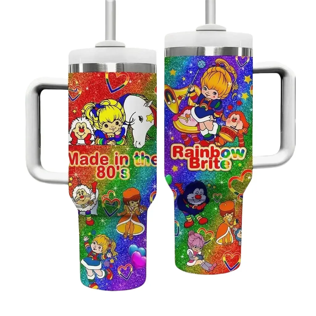 Rainbow Brite Cartoon Tumbler 40oz with Handle, Colorful 80s Aesthetic Cup, Cute Fantasy Character Fan Gift, Retro Kids Show Mug, Bright Rainbow Theme Travel Mug, Stainless Steel Tumbler
