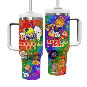 Rainbow Brite Cartoon Tumbler 40oz with Handle, Colorful 80s Aesthetic Cup, Cute Fantasy Character Fan Gift, Retro Kids Show Mug, Bright Rainbow Theme Travel Mug, Stainless Steel Tumbler