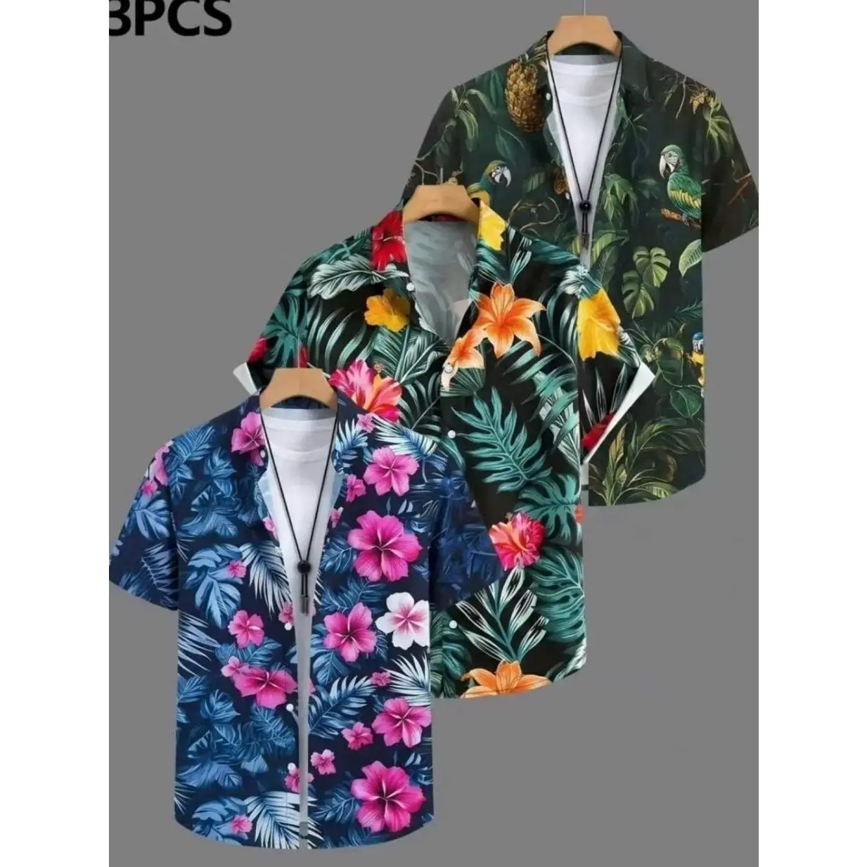 3-Piece Men's Tropical Hibiscus Parrot Hawaiian Set, Matching Shirt and Shorts, Casual Summer Beach Outfit