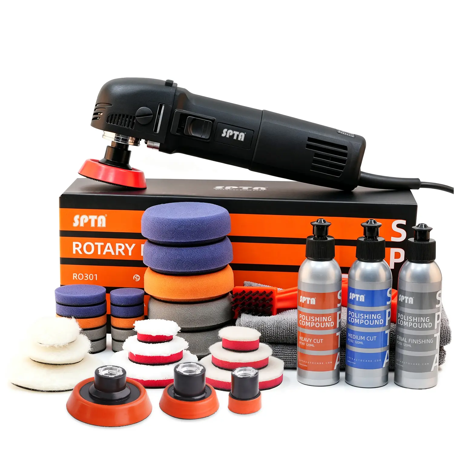 SPTA 3Inch Mini Polishing Machine Buffer Rotary Polisher, Auto Detailing Super Polisher Kit with 24Pcs 1inch&2inch&3inch Detail Polishing Pads , 3pcs Mix Sizes Backing plates and 3 Compunds For Car Polishing & Waxing