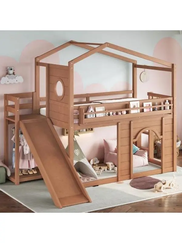 Bellemave Pine+Plywood Loft Bed Frame with Slide & Shelves, Circular Window, Arched Door, Built-in Wardrobe, Kit Included for Twin Size Mattresses