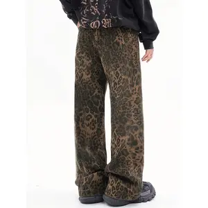 Men'S Plus-size Leopard Print Jeans Loose Leopard Print Vintage Print Pants Straight Leg Jeans Street Jeans, Plus Size