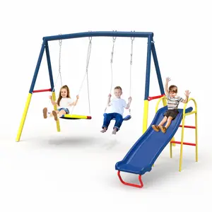 Swing Sets for Backyard with Kids Slide Outdoor Heavy-Duty Metal Playset 3 in 1 Swing Set with Slide