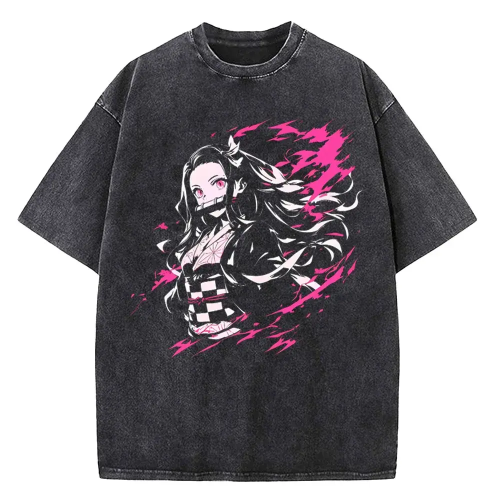 Menswear Distressed Festive Short-Sleeve Demon Slayer Infinity Castle Washed Cotton T-Shirt, 25 New Vintage Casual Anime5 Fashion Tops for Men