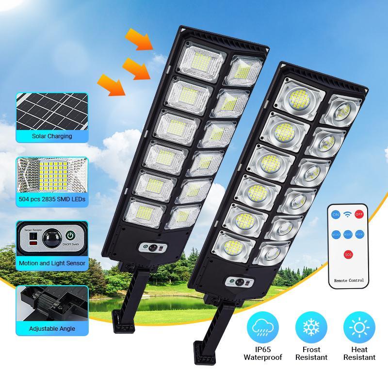 504LED Ultra-Bright Solar 6500K Solar Street Light - Wide Angle Motion Sensor, Remote Control,Solar Street Light Outdoor,Dusk to Dawn, and Adjustable - Perfect for Commercial Area, Parking Lot, Yard, and Outdoor Lighting.