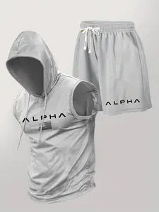 Men's Summer Casual Graphic Print Hooded Sleeveless Vest and Drawstring Shorts, Breathable Outdoor Sports Set, Workout Gym Clothing, Comfortable 2-Piece Ensemble