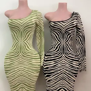 Cebra Long Dress - Green and Black Zebra Print One Shoulder Fashion Wear