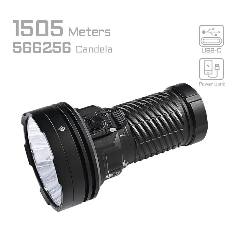 ACEBEAM X25 High-Power Long-Range LED Flashlight - 22000 Lumens, 2700 Lumens, 14.4V, 60W Wall Charger, Eco-Sensa USB-C Cable with USB Port, 1073g Lithium-Ion Battery, 1553m Range, Adjustable, Color-Changing, Detachable Grip, Outdoor-Ready, Beacon Function