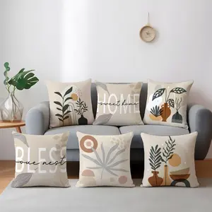 Light Geometric Plant Pattern Decorative Pillow Covers, 6 Piece Set Without Pillows, Hidden Zipper, Easy to Clean, Home Decoration