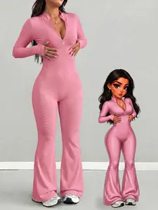 Women's Long Sleeve Flare Leg Jumpsuit Half Zip Stand Neck Bodycon Jumpsuits, Womenswear, Trendy Y2K Activewear Slim Fitted Romper for Casual Streetwear Daily Wear Yoga Dancing Outfit