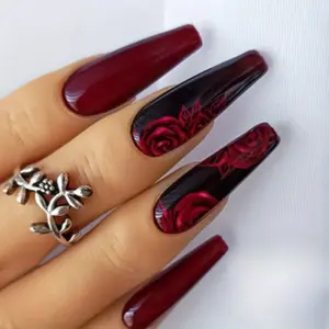 24pcs Dark Rose Long Ballet Nails, Glossy Finish, Elegant Design, Perfect for Special Occasions, High-Quality Nail Art Supplies, DIY Nails