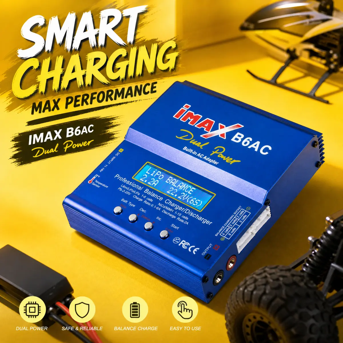 iMAX B6AC Smart Microprocessor-Controlled RC Balance Charger for Hobby Enthusiasts, Overheat-Safe with Short Circuit, Reverse Polarity Protection, Storage Mode, Impact Resistance, Complete XT60-T Plug, Alligator Clip Cables for Outdoor Test Sites