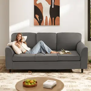 COSTWAY - Upholstered Teddy Velvet 3-Seat Sofa with Comfy Back Pillows-Gray