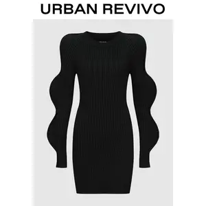 URBAN REVIVO Women's Minimalist Long-Sleeve Round Neck Knit Midi Dress, Casual Wear, Long Sleeve Knit Casual Dresses, UWG950245
