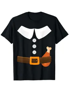 Humorous Thanksgiving Pilgrim Costume Featuring Turkey Leg Graphic T-Shirt