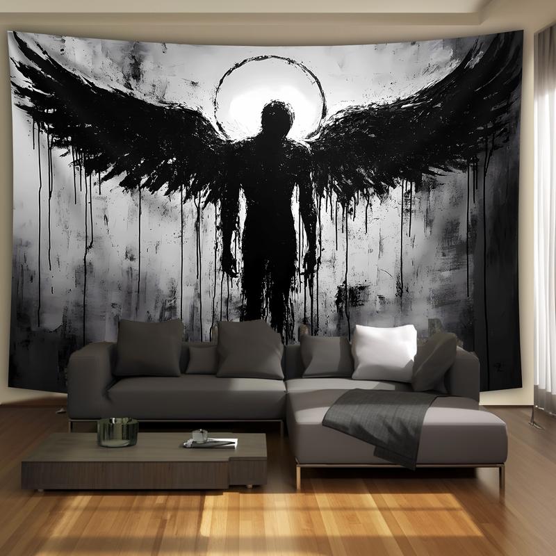 1pc Ultra Large Black Angel Landscape Tapestry - Premium Polyester HD Digital Print Wall Hanging with Hand-Stitched Edges, Wrinkle-Resistant Fabric & Free Hanging Clips for Living Room, Bedroom, Home Office Decor, Bedroom Accent, Artistic Interior, Soft T